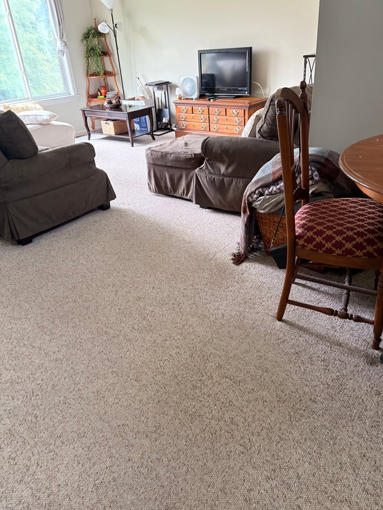 Spacious living room with brown upholstered furniture, wooden dresser, TV, and wood chairs on carpeted floor near large window