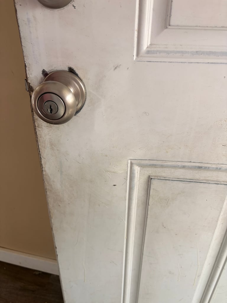 Stainless steel door knob on a weathered white interior door with raised panel design