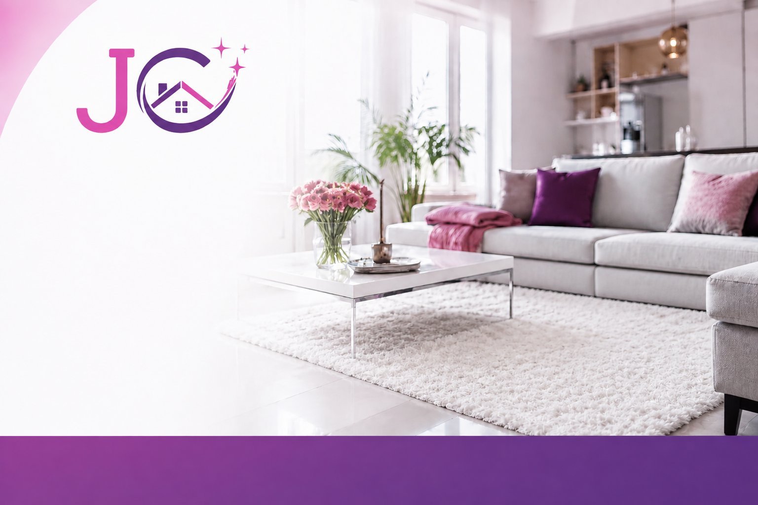 Modern living room with gray sofa, pink flowers, white rug, and minimalist decor