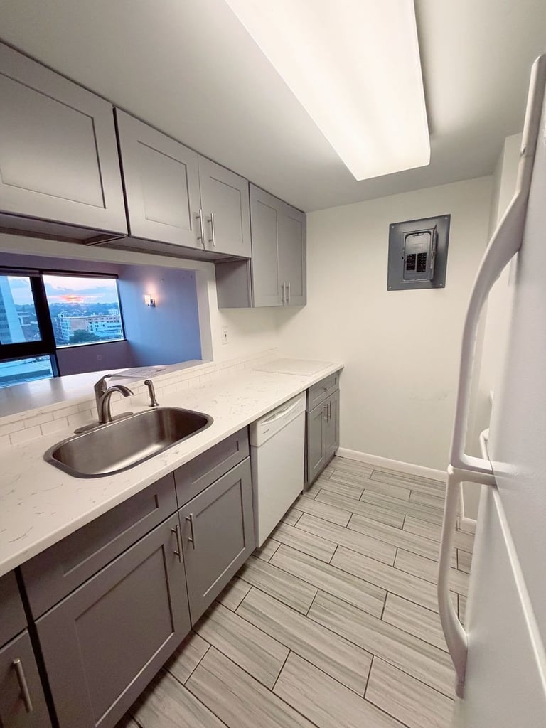 Modern galley kitchen with gray cabinets, white countertop, stainless steel sink, and window overlooking cityscape