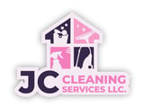 JC Cleaning Services LLC logo with house shape divided into quarters showing cleaning icons and pink accents