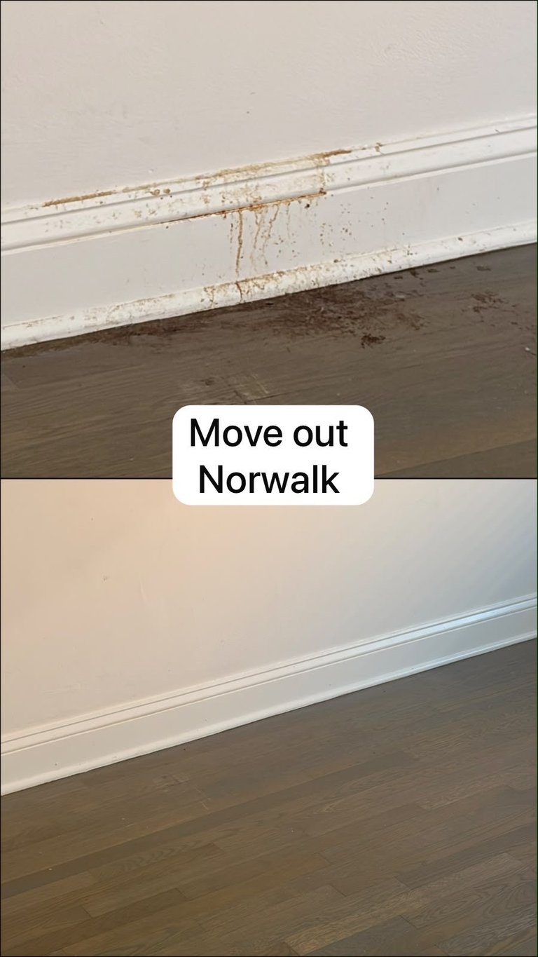 Before and after comparison of white baseboard trim showing rust stains above and clean appearance below with Move out Norwalk text overlay
