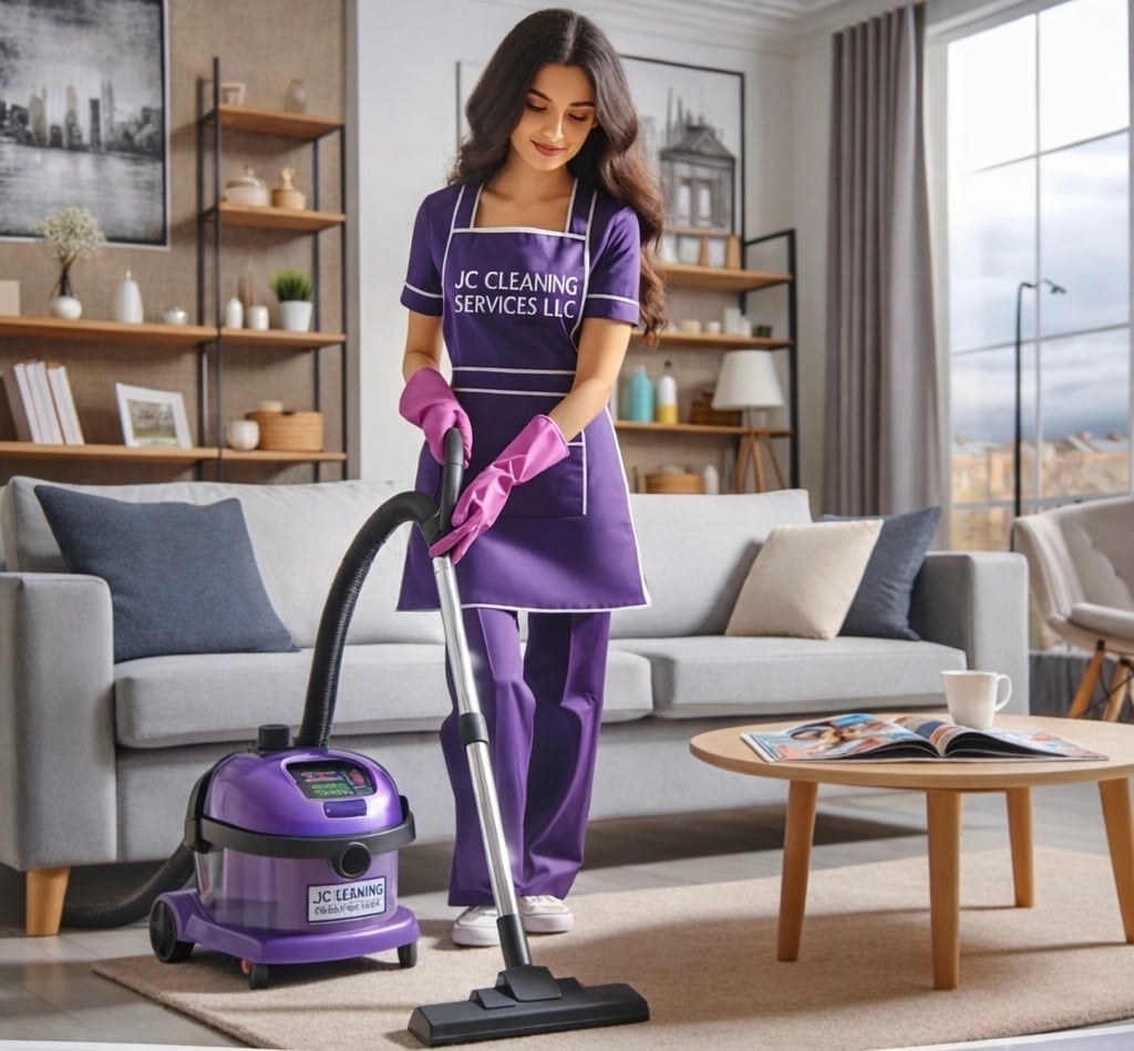 Woman in purple JC Cleaning Services uniform vacuuming a modern living room with a steam cleaner