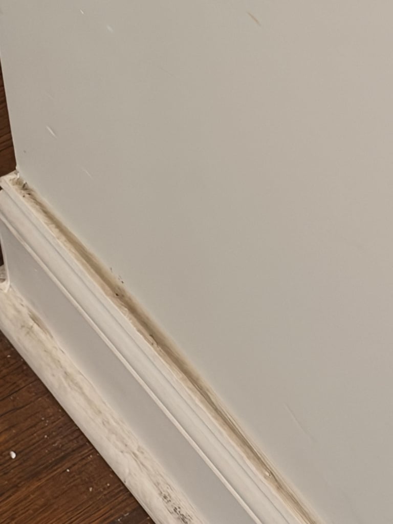 White baseboard and trim meeting beige wall above dark wood flooring