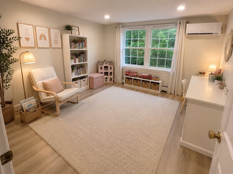 Bright, minimalist bedroom with wooden furniture, beige carpet, white walls, shelving, armchair, and windows overlooking greenery